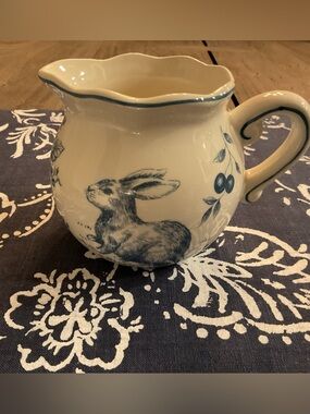Maxcera Blue Bunny Cabbage Rose Toile Ceramic Creamer